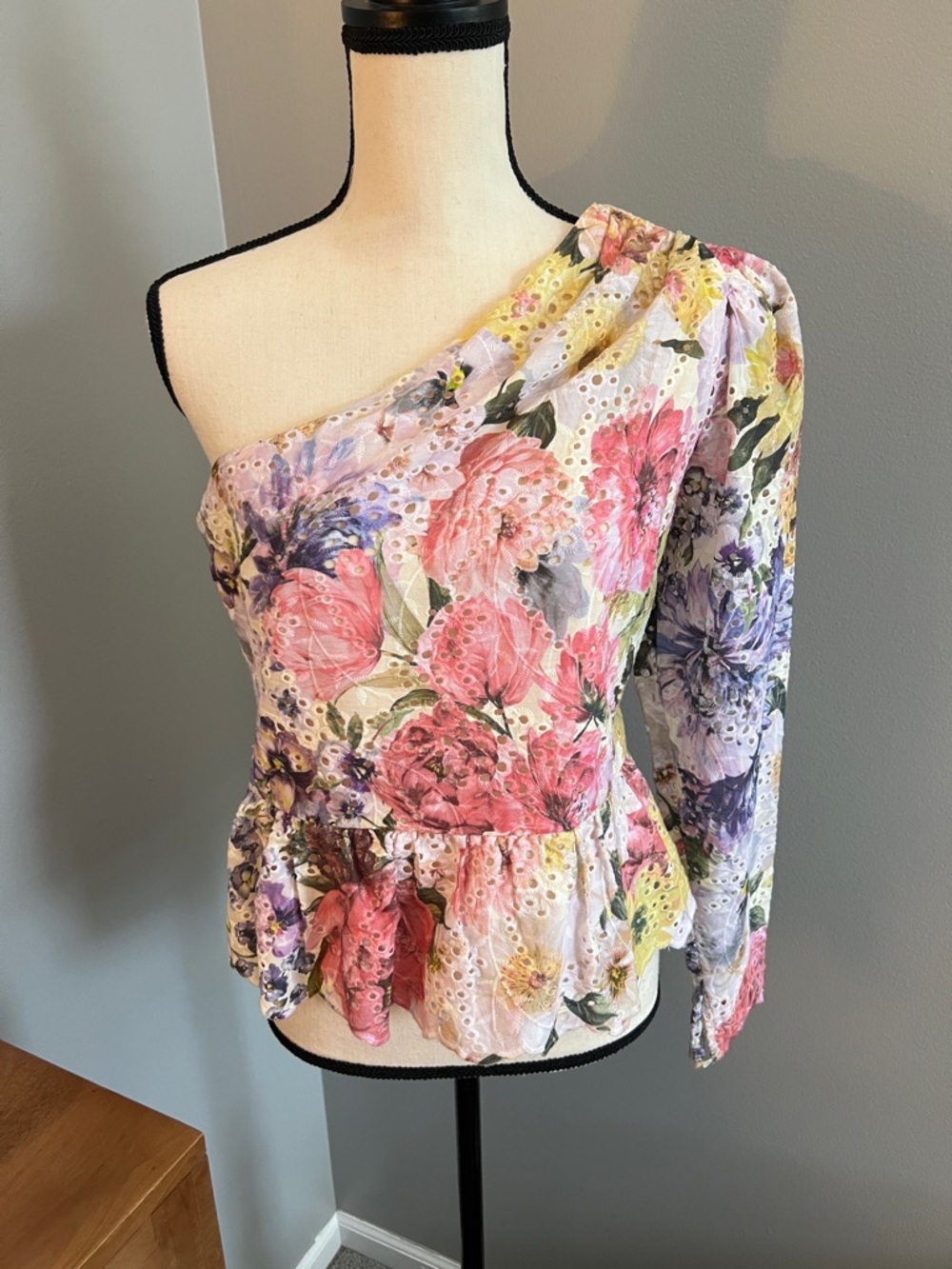 Express One-Shoulder Floral Eyelet Peplum Top - Pink Purple Yellow